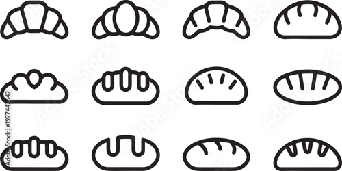 Assorted Bread and Croissant Line Icon set of vector design on transparent background.