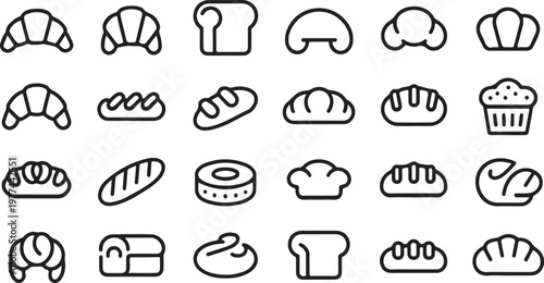 Assorted Bakery Line Icon Set: Bread, Pastries, and Baked Goods  set of vector design on transparent background.