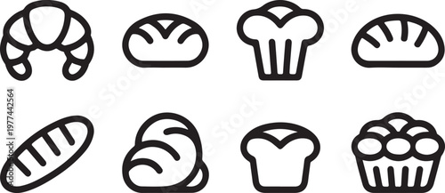 Simple Bakery Line Icon Set of Bread and Pastries set of vector design on transparent background.