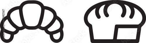 Minimalist Bakery Outline Icon Set with Fresh Croissant and Bread Loaf Linear Symbols