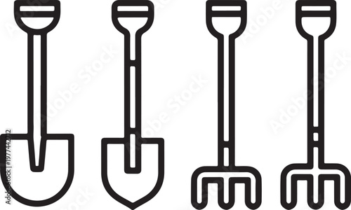Garden Tools Outline Icon with Shovel Spade Fork Rake  Gardening Tools Icon : Spade and Rake Vector Illustrations  Set of Vector design on transparent background background.
