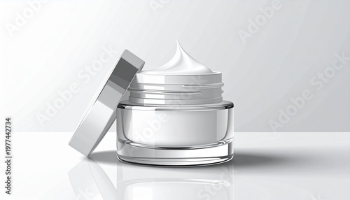Premium Cosmetic Glass Jar with Moisturizing White Face Cream Isolated on Bright White Background for Skincare Product Mockup and Branding
