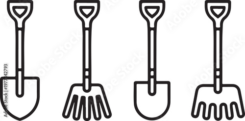 Shovel and Pitchfork Icon Set Line Art Vector design on transparent background.