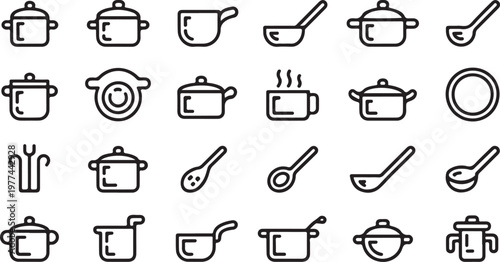 Culinary Essentials Icon Set: An assortment of line art illustrations showcases a variety of kitchen utensils, providing a comprehensive toolkit for culinary tasks.