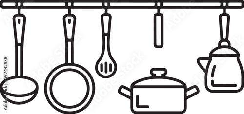 Kitchen Utensils Line Art: A meticulously crafted line art illustration showcasing an assortment of essential kitchen tools, evoking a sense of culinary preparedness and home cooking.