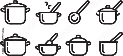 Culinary Essentials: A graphic arrangement features various cooking pots and a ladle. Minimalist outline depicts culinary tools, creating a clean aesthetic perfect for culinary projects.