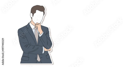 Businessman in suit thinking with hand on chin, contemplative expression