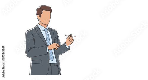 Businessman in gray suit holding pen and pointing