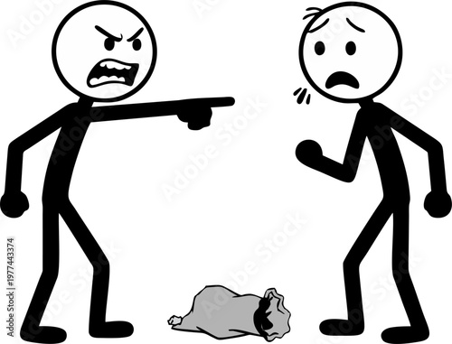 Angrily pointing at another stick figure who has just thrown trash on the ground