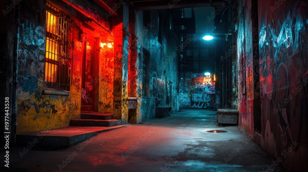 Fototapeta premium Empty urban alleyway with colorful graffiti walls illuminated by vibrant neon lights at night