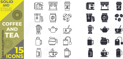 30 Coffee and Tea Solid and Outline Stroke Icon Collection , Coffee Cup, Tea Cup , Coffee Maker , Flask Icon