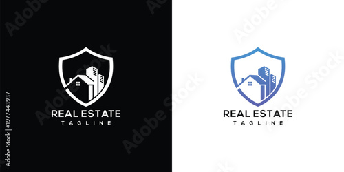 Modern Real Estate Logo with House and City Buildings in a Protective Shield Emblem