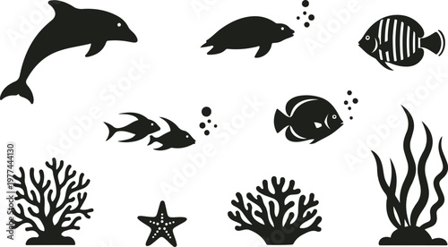 Set of sea animals and underwater plants silhouettes