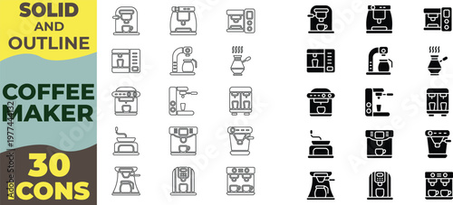 30 Coffee Maker and Espresso Machine Outline and Solid Icon Set