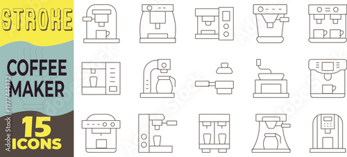 15 Coffee Maker and Espresso Machine Editable Stroke Icon Set