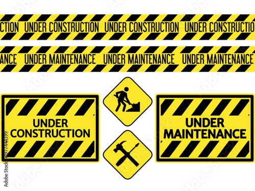 Vector set of caution signs and tapes with text under construction and under maintenance, safety warning design