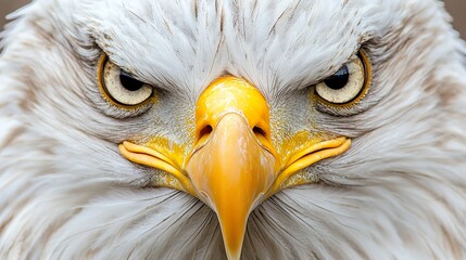 Close-up of a bald eagle's sharp beak and intense yellow eye, feathered brow, powerful predator