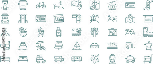 45 Modern Travel and Adventure Line Icon Set Featuring Vacation Destinations and Outdoor Exploration Vector Symbols