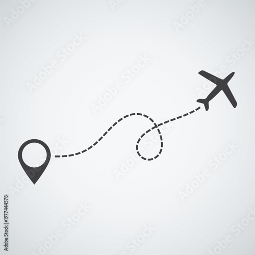 Airplane Travel Path Icon with Location Pin and Dashed Line