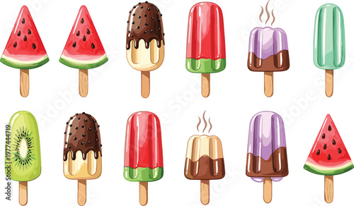 Colorful Ice Cream Popsicle Vector Set with Fruit Chocolate Watermelon Kiwi and Summer Frozen Dessert Illustration