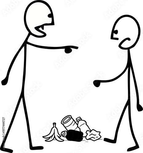 Angrily pointing at another stick figure who has just thrown trash on the ground