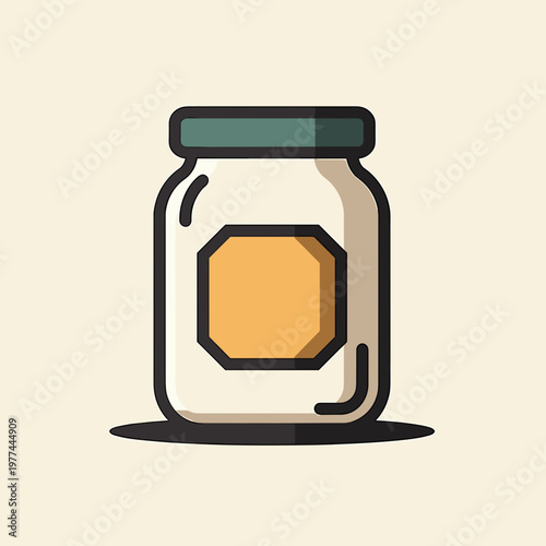 A simple glass jar with a dark green lid and a blank tan label sits centered on a light cream background. This clean graphic element represents organic food storage and home preservation.