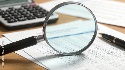 Financial Analysis with Magnifying Glass, Calculator and Documents, Business Audit Concept