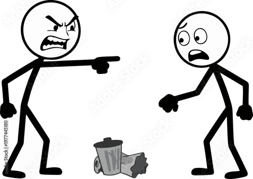 Angrily pointing at another stick figure who has just thrown trash on the ground