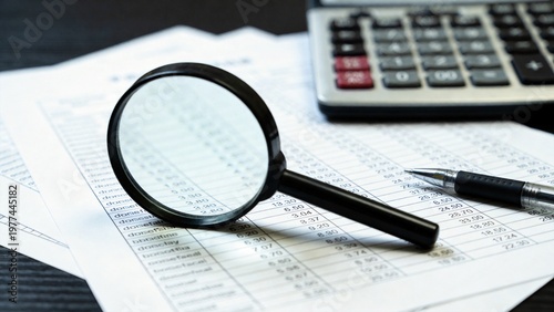 Financial Analysis with Magnifying Glass, Calculator and Documents, Business Audit Concept