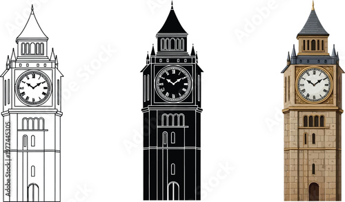 Big Ben clock tower icons in outline silhouette and realistic styles iconic London landmark for travel and architecture design isolated on w