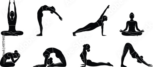 Yoga pose silhouettes collection, women fitness stretching and meditation positions, healthy lifestyle exercise illustration black white isolated design set