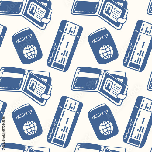 Seamless pattern with passport, boarding pass and wallet in flat style. Travel themed background for tourism design, textile, wrapping paper and vacation concepts.