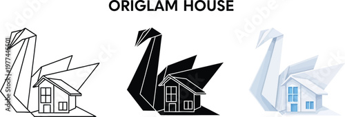 Origami swan house icon creative paper art design for real estate or travel concepts isolated on white