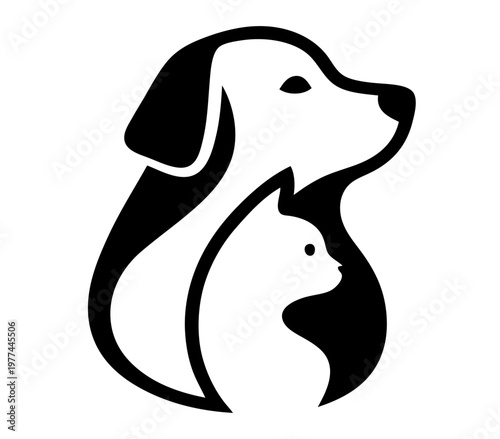 A black silhouette of a dog's head and upper body faces right. Within its white negative space, a cat's head in profile also looks right, creating a unified and harmonious graphic representation of co