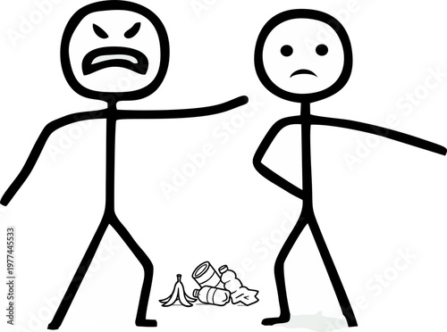 Angrily pointing at another stick figure who has just thrown trash on the ground