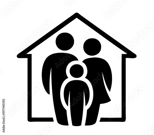 A stylized black silhouette illustrates a mother, father, and their child standing inside a simple house outline. This graphic represents a protected family living together in their home, symbolizing 