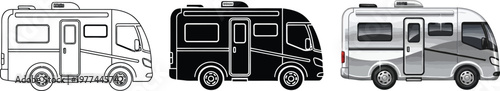 Set of camper van icons outline silhouette and detailed vector illustrations for travel and recreation themes isolated on white