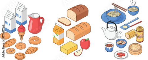 Breakfast Food Vector Set with Bread Milk Pastries Porridge Tea Butter and Traditional Morning Meal Illustration Collection