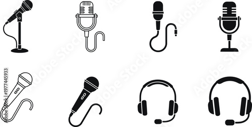 Microphone and headset silhouettes collection, audio recording equipment icons set, podcast music studio black white isolated design illustration
