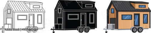 Collection of tiny house illustrations including sketch silhouette and colored versions for housing concepts