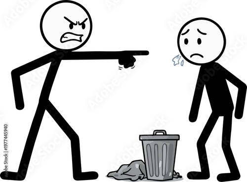 Angrily pointing at another stick figure who has just thrown trash on the ground