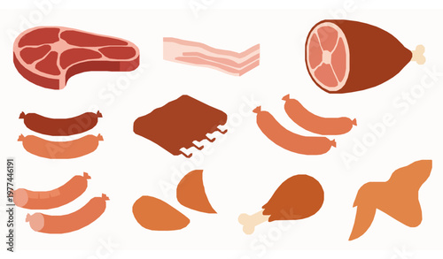 Meat icon collection vector steak sausage bacon poultry food set isolated on white background