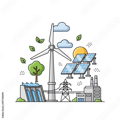 Фотография Renewable energy sources solar panels wind turbine hydro power plant eco friendl