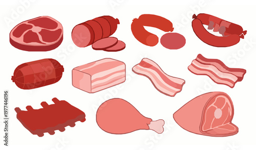 Meat products cartoon icon set steak sausage bacon poultry vector food collection isolated on white