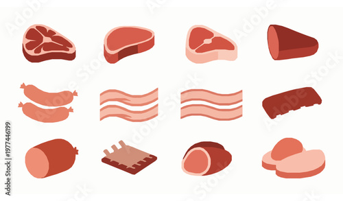 Meat products vector icon set steak sausage bacon ribs poultry illustration isolated on white