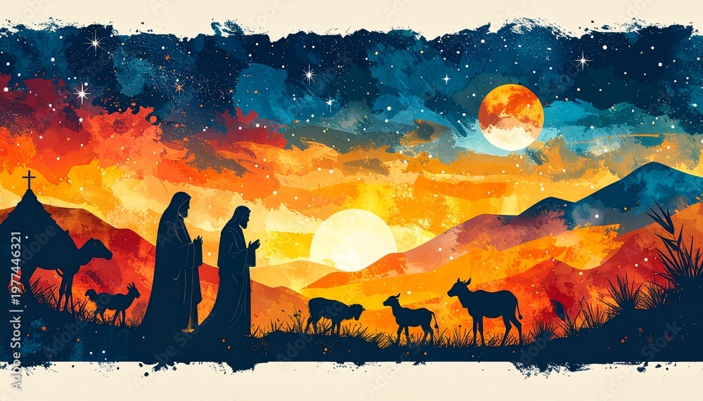 Fototapeta premium Artistic watercolor illustration of the biblical nativity scene with Joseph Mary and animals under a starry night sky during a sunset