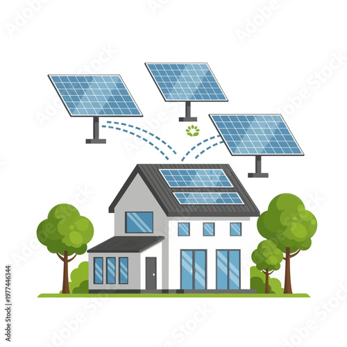 Solar panels on house roof generating clean energy