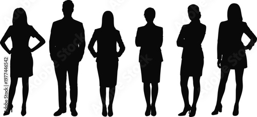 Silhouettes of business professionals standing in row, diverse corporate team isolated on white background, leadership teamwork concept, office workers group for modern company branding