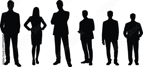 Silhouettes of diverse business professionals standing in a row, corporate team concept, leadership and teamwork, office workforce, isolated on white background, professional people group