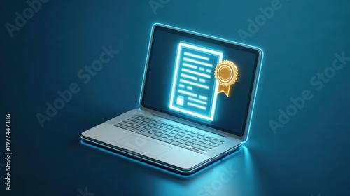 Digital Document Displayed on a Laptop with Neon Effects Showcasing Modern Technology and Innovative Design